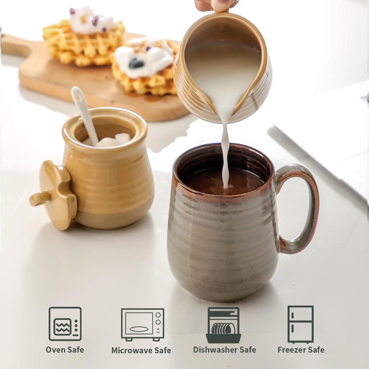 Hasense Sugar and Creamer Set, 11 Ounce Sugar Bowl with Lid and Spoon, 10 Ounce Creamer Container, Ceramic Cream and Sugar set for Coffee Bar, Dishwasher Safe, Yellow