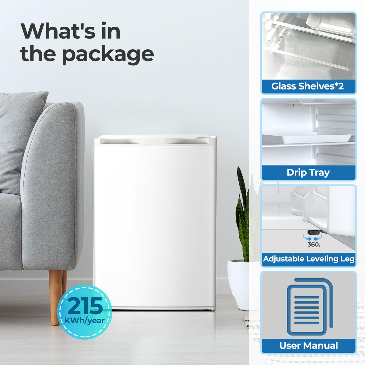 Electactic 2.56 Cu.ft Compact Refrigerator with Reversible Single Door, WHITE