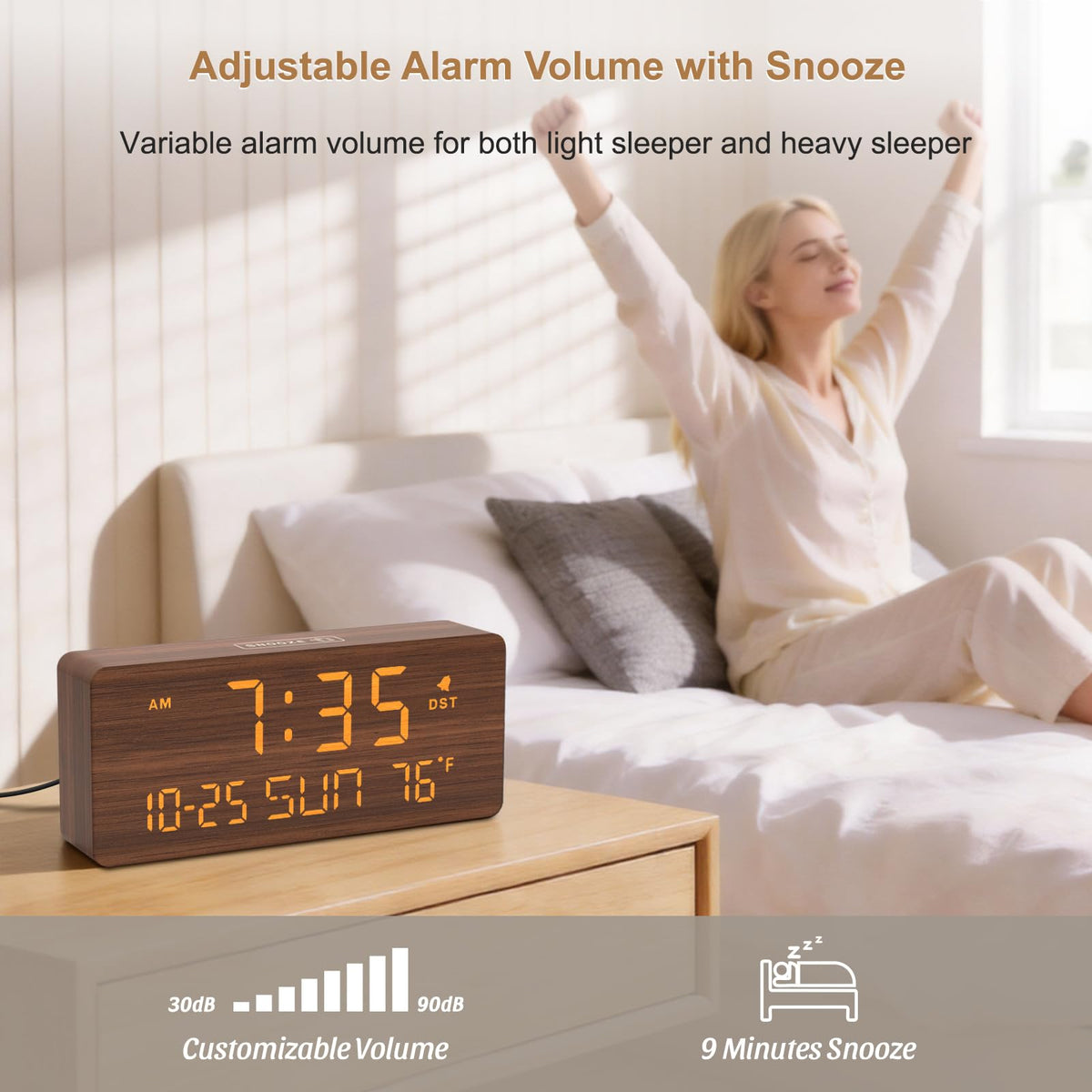DreamSky Wooden Digital Alarm Clocks for Bedrooms - Living Room Desk Clock with Date and Day of Week, Temperature, USB Port, Dimmer Wheel, Adjustable Volume, Auto DST, Wood Decor for Office Table