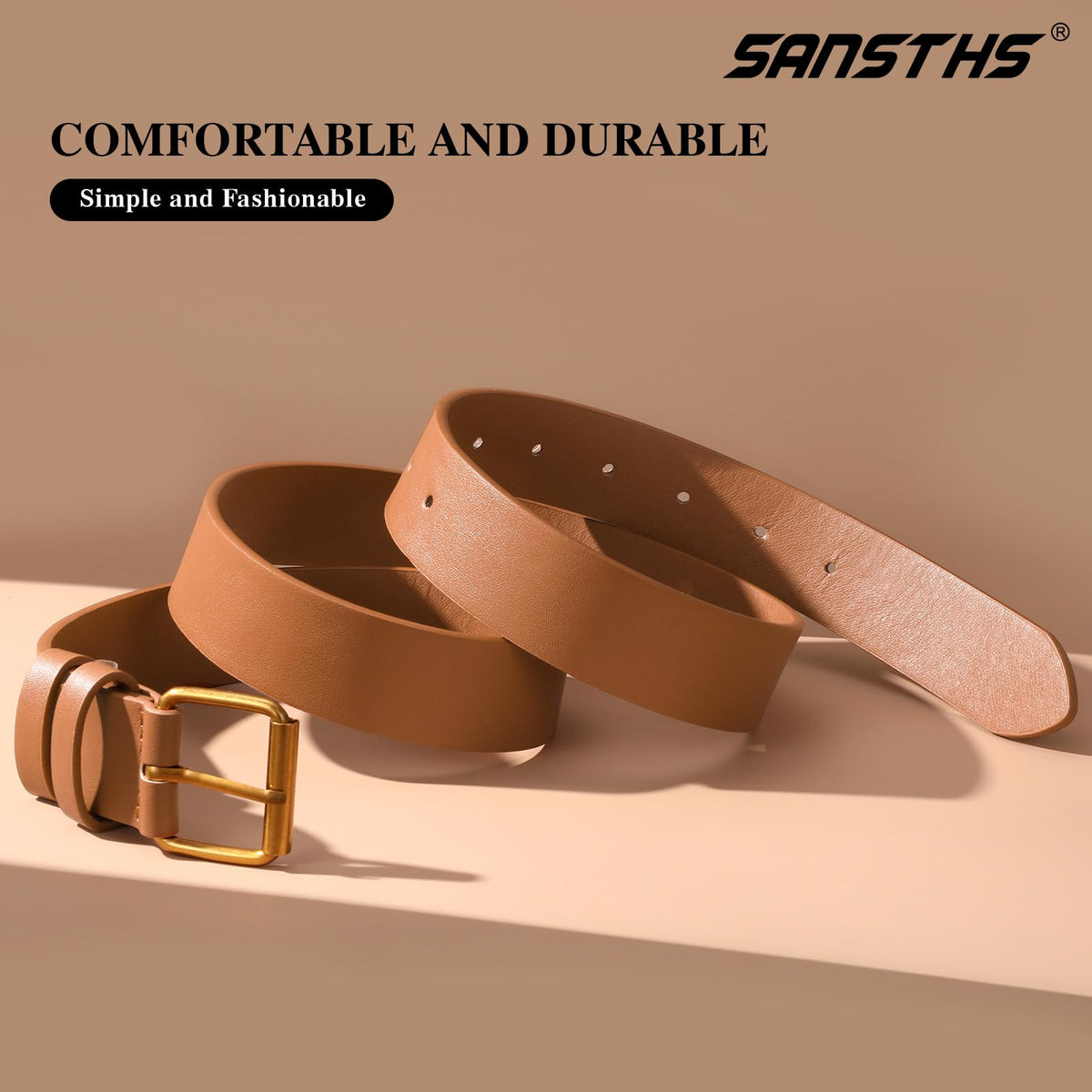 SANSTHS Belts for Women for Jeans Coats Dresses, Leather Belt Women with Classic Bronze Buckle, Brown L