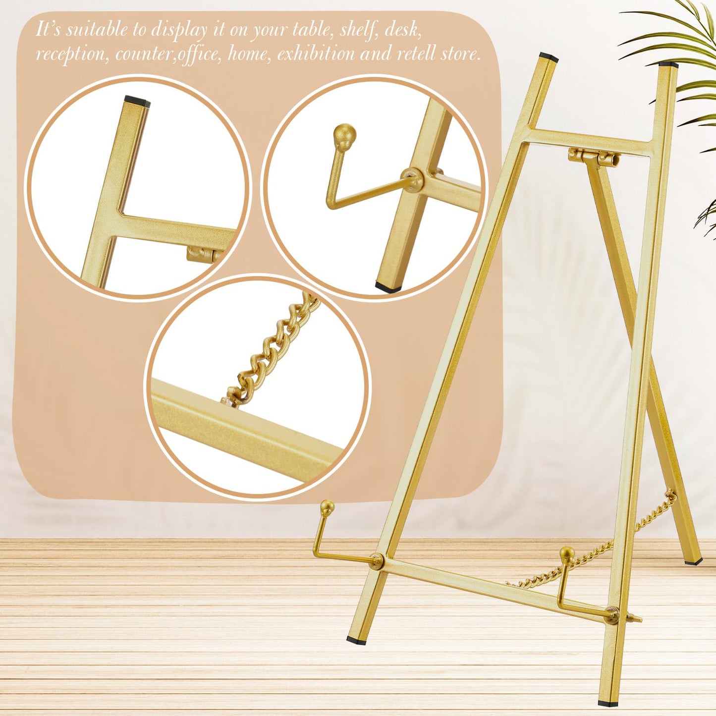 Leinuosen Metal Easel Stand 16.5" H x 8.7" W x 4.3" D Table Top Easel Stand for Display Tripod Art Picture Mirror Modern Plate Holder for Display Book Photo Wedding Sign(Gold,1 Pcs)