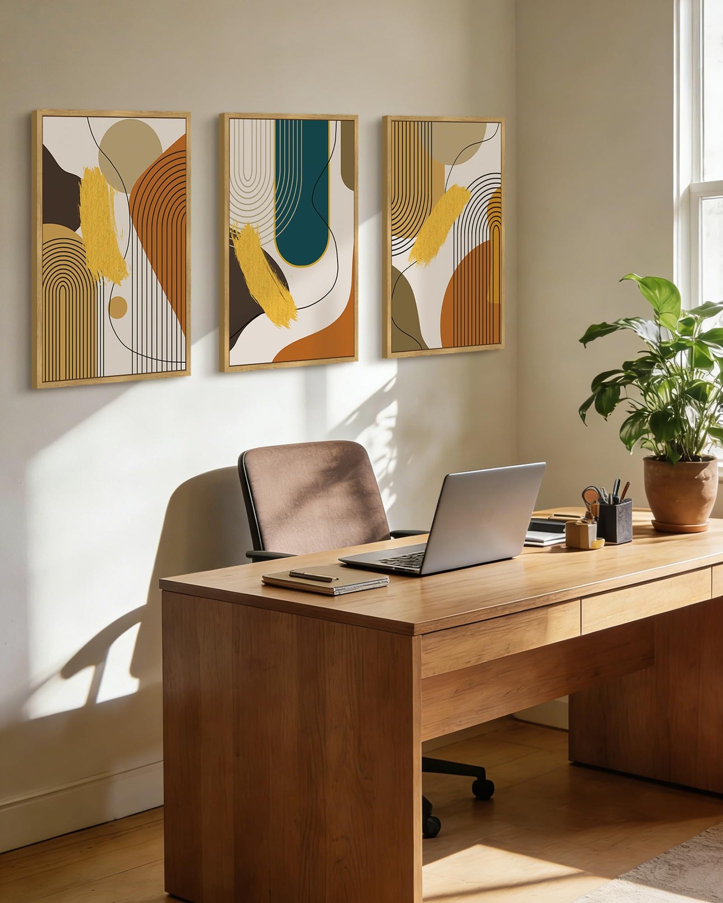 PHOPAGO Boho Abstract Framed Wall Art Large 16x24in Mid-Century Modern Bohemain Minimalist Luxury Gold Line Artwork Home Office Living Room Decor - Natural Framed