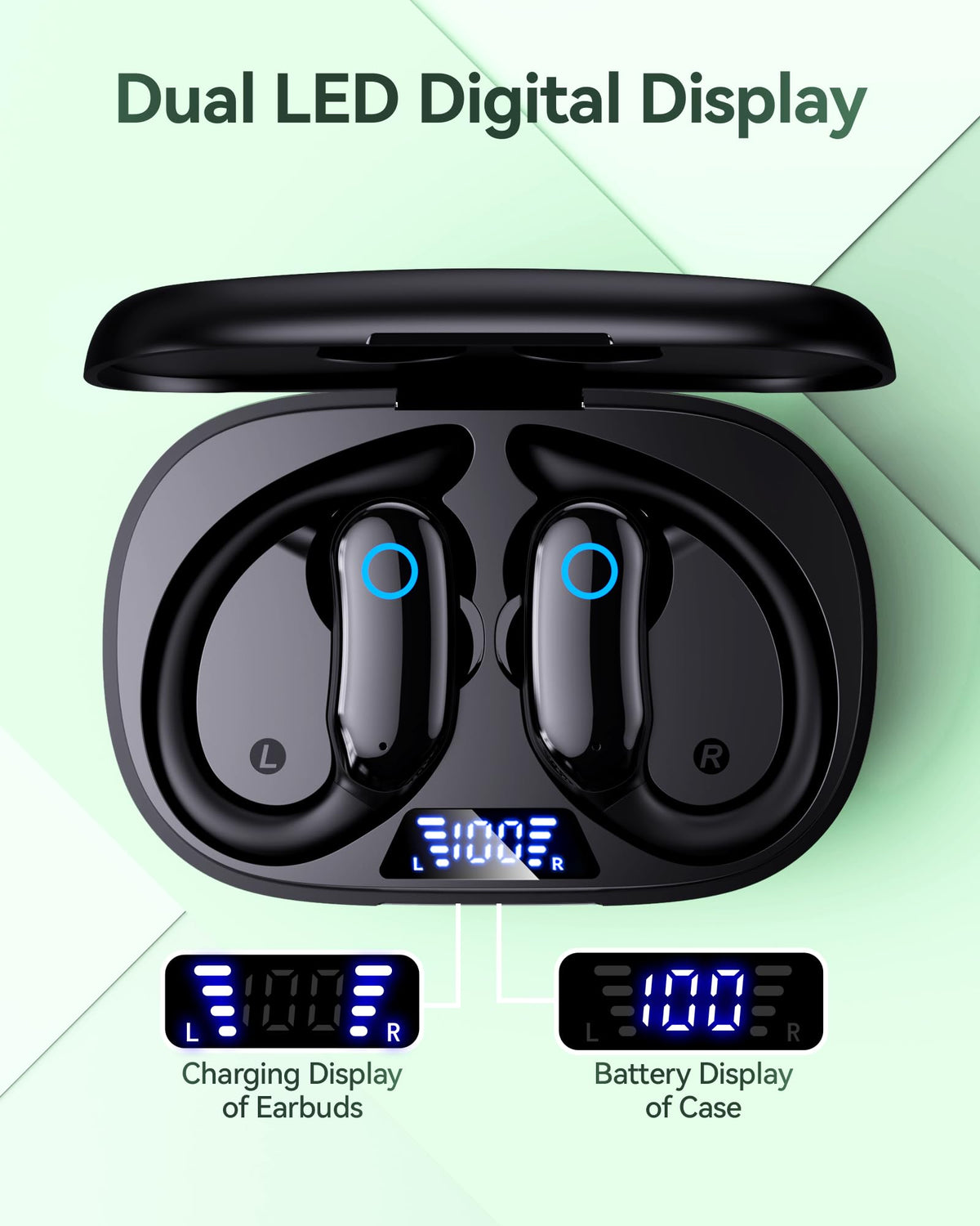 GNMN Active Noise Cancelling Ear Buds Wireless Earbuds 96hrs Playback Bluetooth Headphones Dual Battery Display Stereo Bass Earphones with Earhooks Microphone IPX7 Waterproof for Sports/Runing/Workout