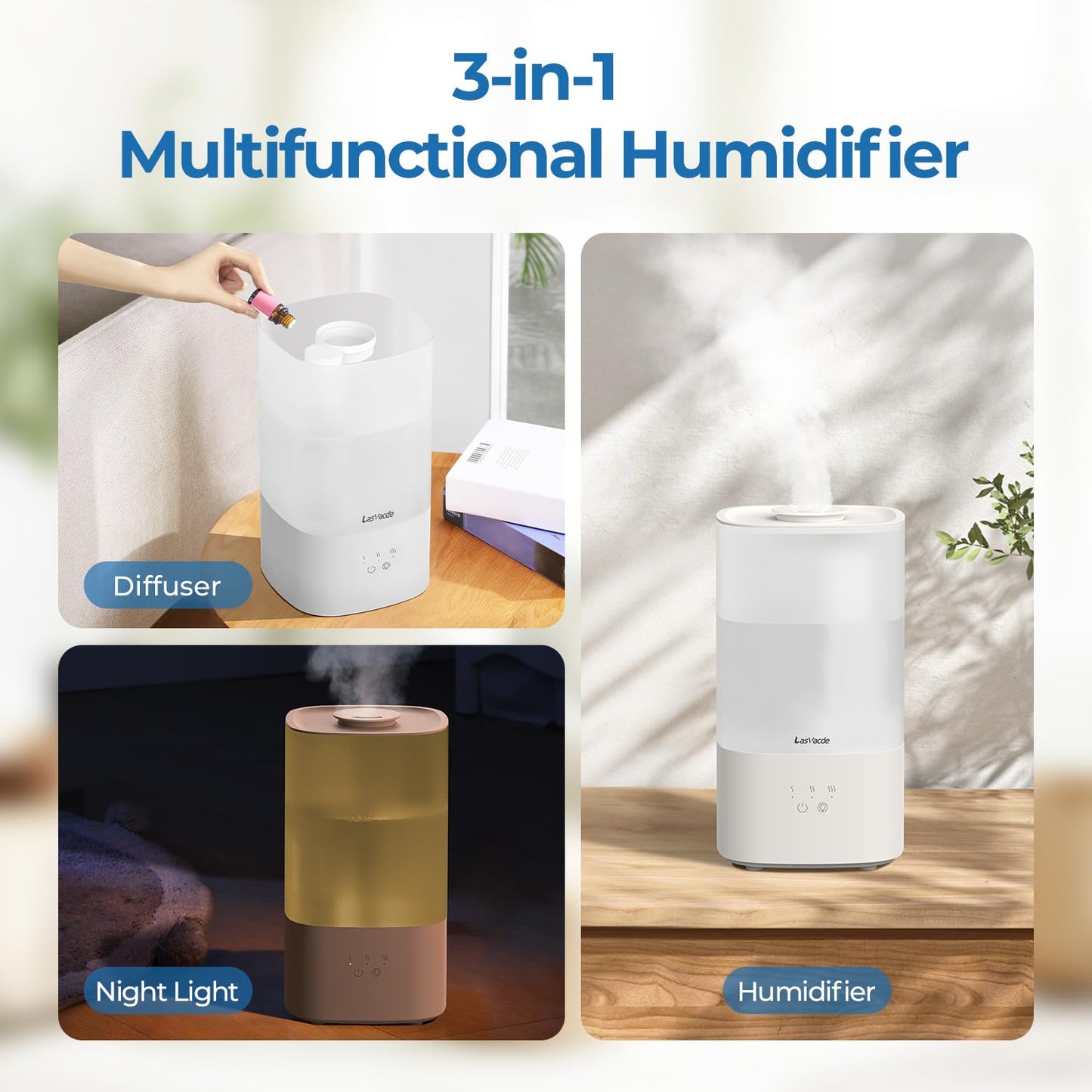 LasVacde 2.5L Humidifiers for Bedroom, Top Fill Cool Mist Humidifiers for Large Room, Easy to Fill & Clean, 30H Runtime, 28dB Quiet Air Humidifier for Plants, Baby Nursery with Night Light