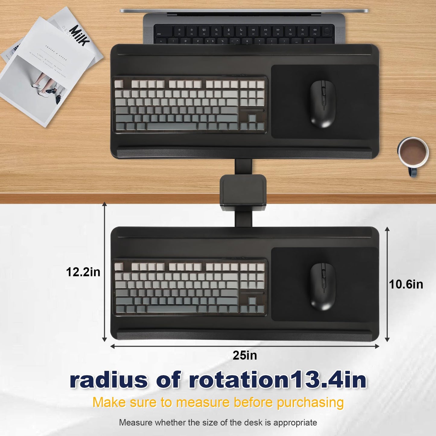 Upgraded Adjustable Keyboard Tray with Drawer for Above Desk & Under Desk Use, 25"×10.6" Ergonomic 360° Rotating Keyboard Stand with Wrist Rest, Clamp On Keyboard Platform for Office Gaming Studying