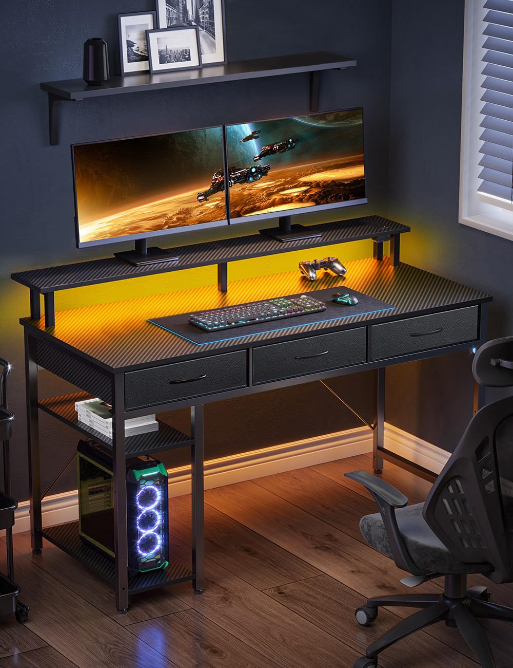 Rolanstar Computer Desk with Power Outlets & LED Light, 39 inch Home Office Desk with 3 Drawers and Storage Shelves, Writing Desk with Monitor Stand, Modern Work Desk for Home Office, Carbon Black