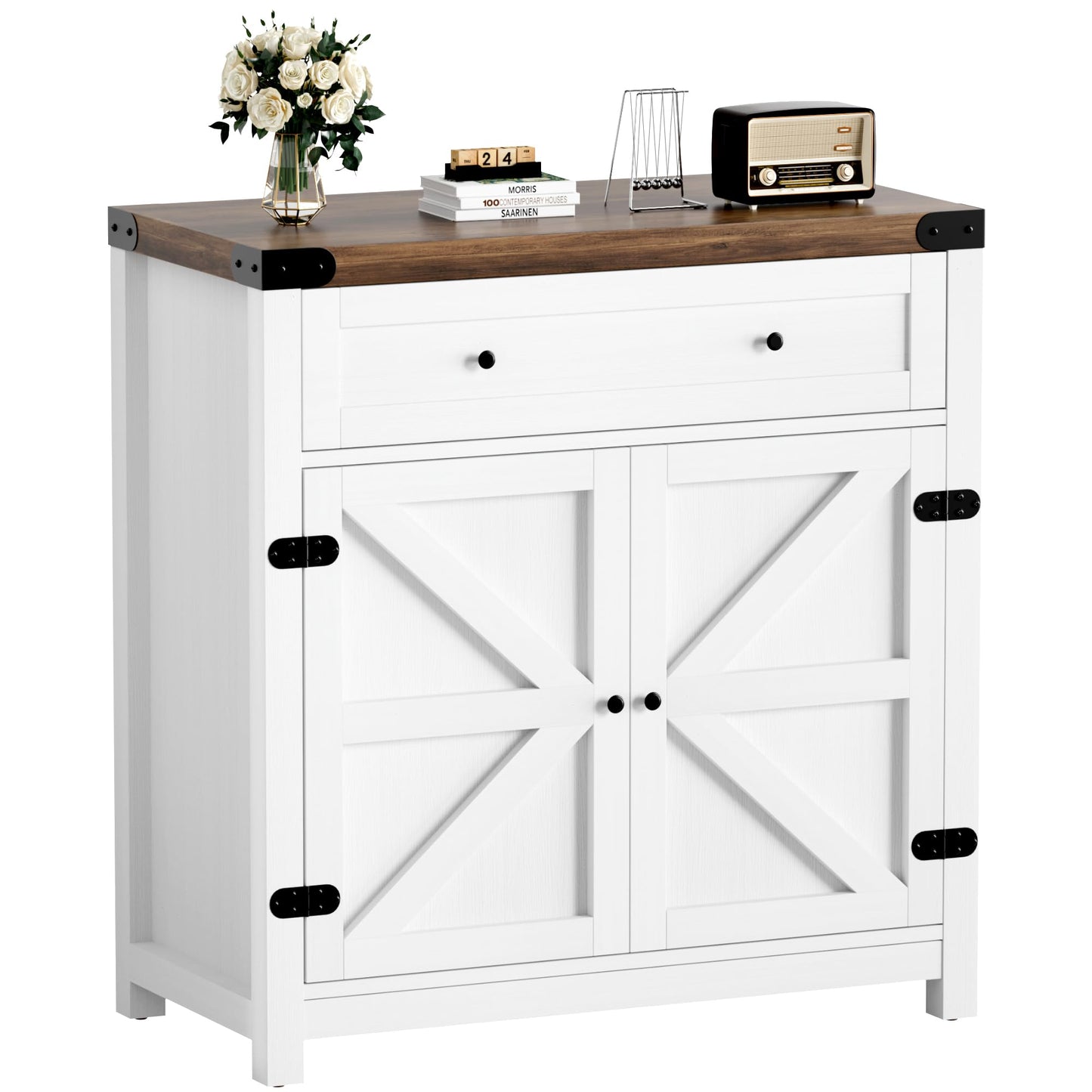 YESHOMY Coffee Bar and Accent Cabinet, Farmhouse Barn Door Buffet Sideboard with Drawer and Adjustable Shelf, Wide Desktop for Kitchen, Dining Room, Bathroom, Entryway, Rustic Brown & White