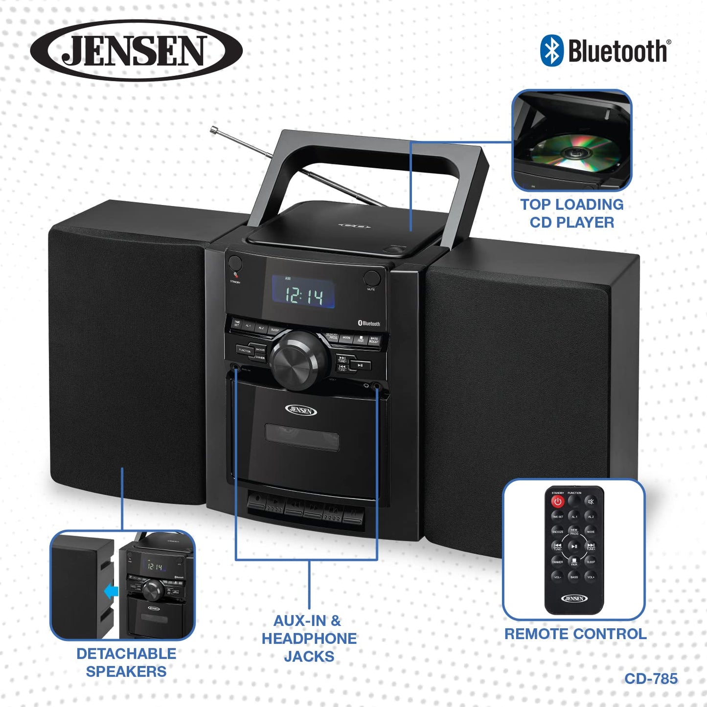 JENSEN 10-Watt Portable Bluetooth Home Stereo System with Detachable Speakers, CD/Cassette Players, AM/FM Radio, Alarm Clock, and Remote (CD-785)