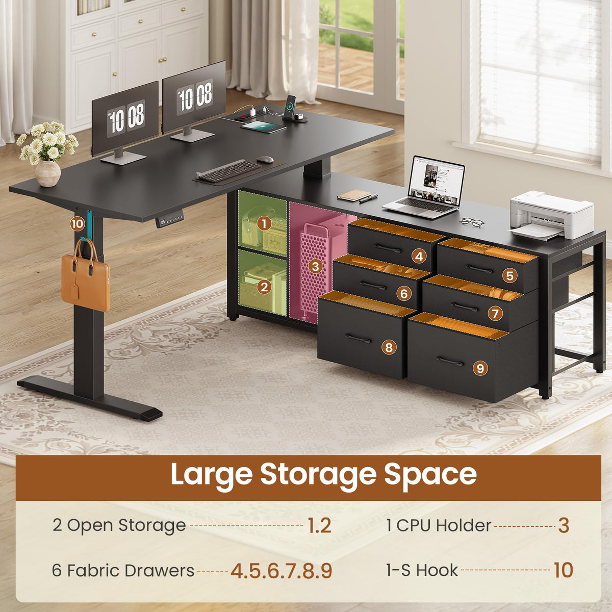 SEDETA L Shaped Electric Standing Desk, 55" x 55" Height Adjustable Office Executive Desk with 6 Fabric Drawers and Storage Shelves, Sit Stand Computer Desk with Power Outlet for Home Office (Black)