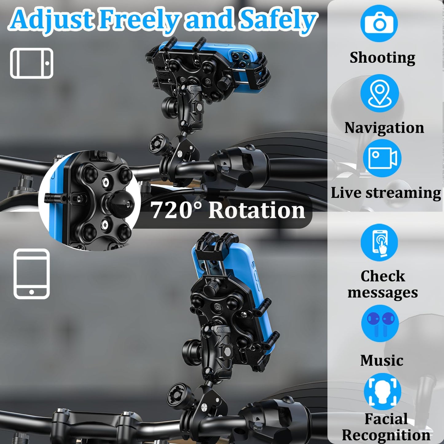 LOKTENWO Motorcycle Phone Mount with Vibration Dampener & High-Speed Secure Lock, Anti-Theft ATV Scooter Motorcycle Handlebar Phone Holder for 5.4” to 7.2” Smartphone