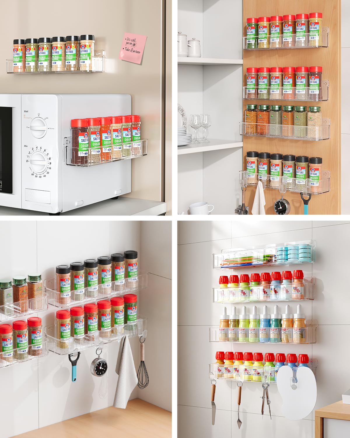 Nieifi Spice Rack Wall Mount, 4 Pack, Clear, Screw or Adhesive Installation, Spice Rack Organizer for Your Kitchen Cabinet or Pantry Door
