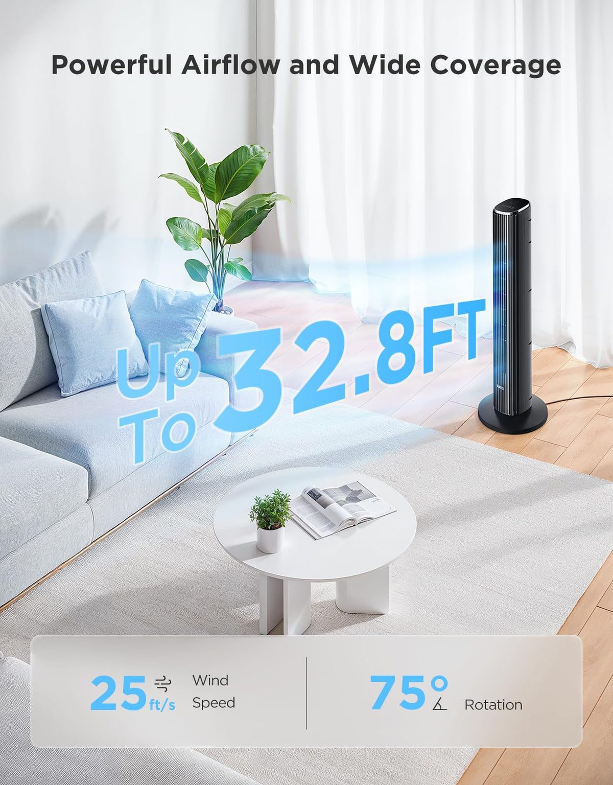 GoveeLife Black Tower Fan for Bedroom, 36" Smart Floor Fan with App/Voice Control, Temperature Sensor, 5 Modes 8 Speeds(25ft/s), 29dB Quiet Oscillating Fan for Office, 24H Timer, Auto Cooling