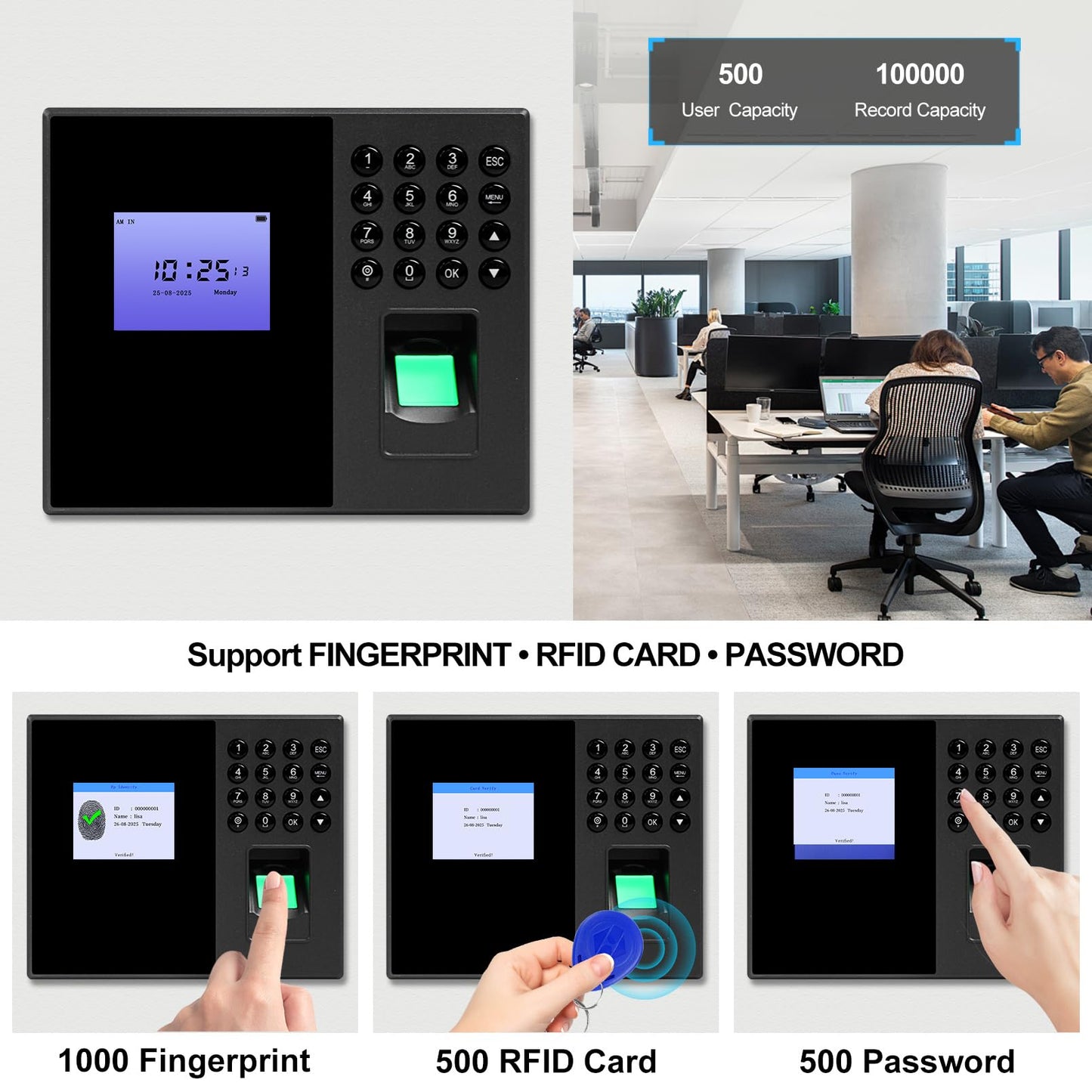 OBO HANDS Biometric Time Clocks for Employees- No Monthly Fees - Time Punch Machine for Small Business - Fingerprint/Card/Password Attendance Systems with Power Plug - Easy Reporting