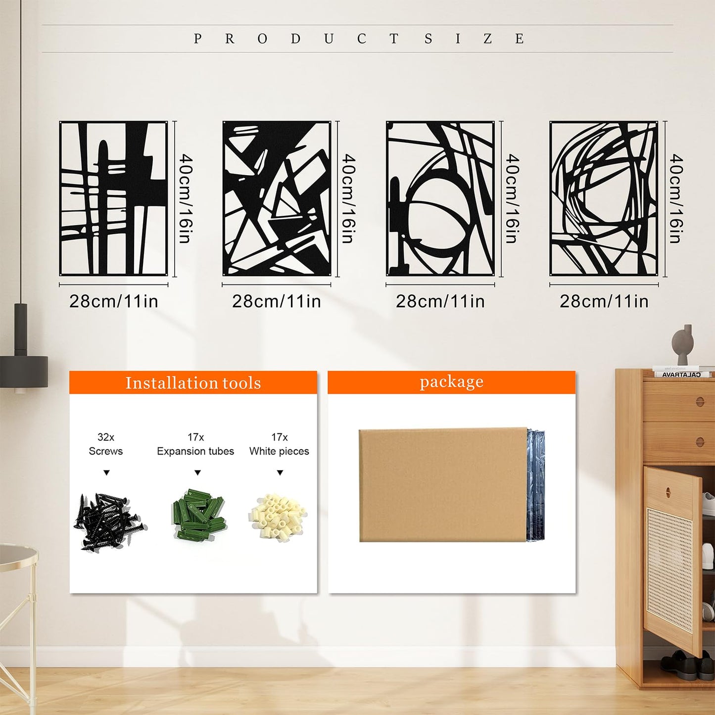 Quanqiuyi 4 Pack Black Abstract Metal Wall Art, 16'' x 11'' Minimalist Single Line Art, 3D Textured Wall Sculptures for Living Room, Bedroom, Bathroom, Study Room Decor