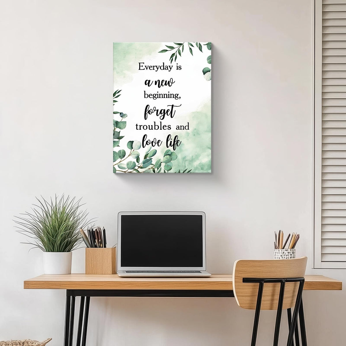 Framed Inspirational Wall Art –Botanical Canvas Print posters, Green Leaf Painting pictures for Bedroom, Living Room, Bathroom, Office, Motivational Quote Picture, Ready to Hang 12x16Inch