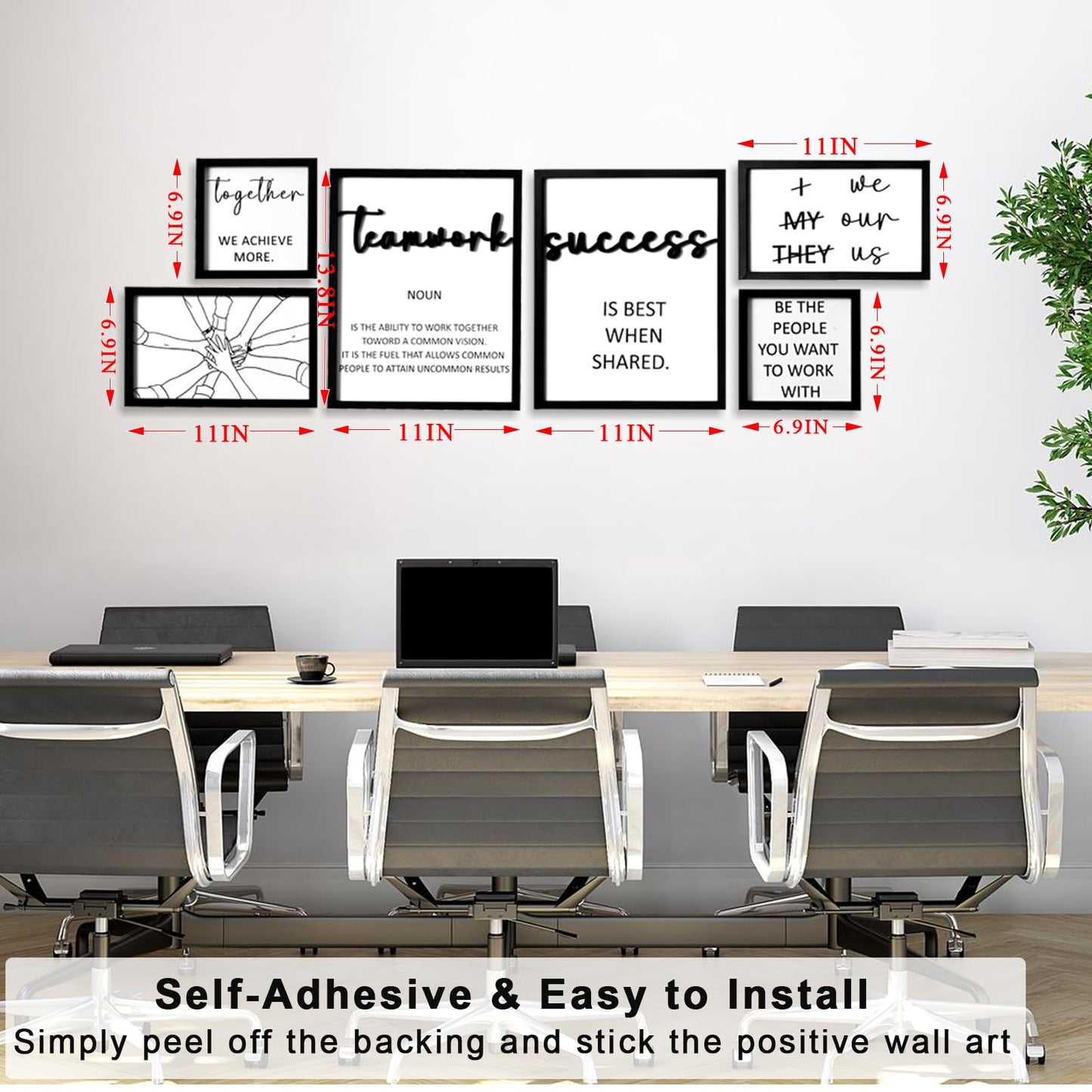 3D Wood Office Wall Art, Framed Inspirational Teamwork Wall Art, Motivational Quotes Wall Decor for Office Break Conference Room (Set of 6, Framed, Ready to Hang)