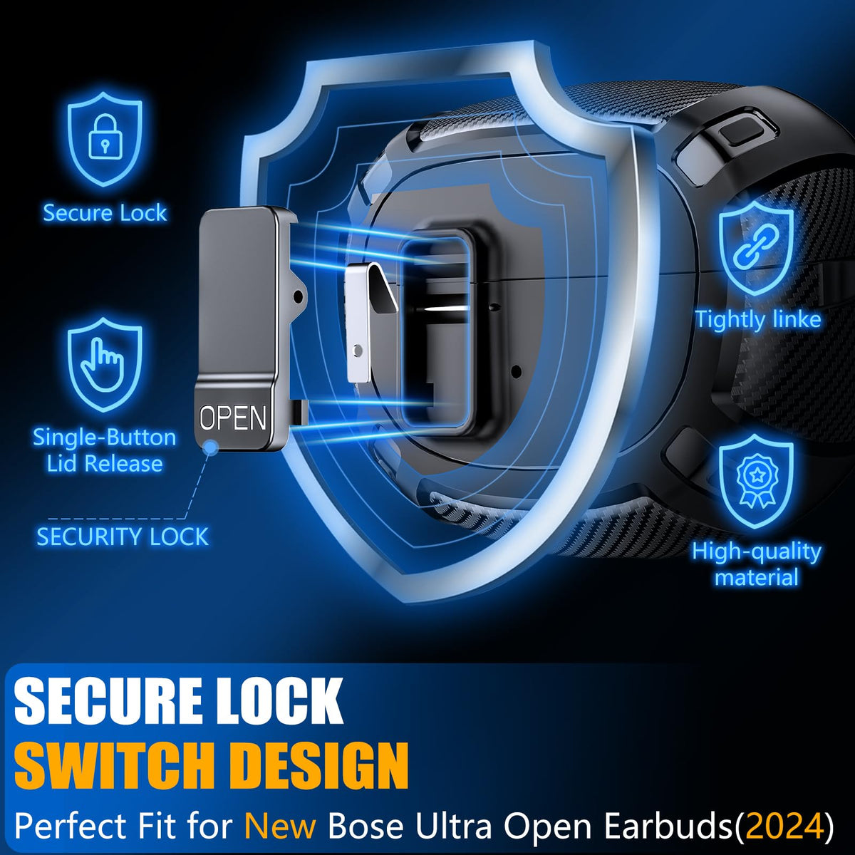 Ljusmicker for Bose Ultra Open Earbuds Case Cover 2024 with Cleaner Kit,Military Hard Cover with Lock for Bose Open Ear Earbuds Charging Case Accessories with Keychain for Men Women-Black