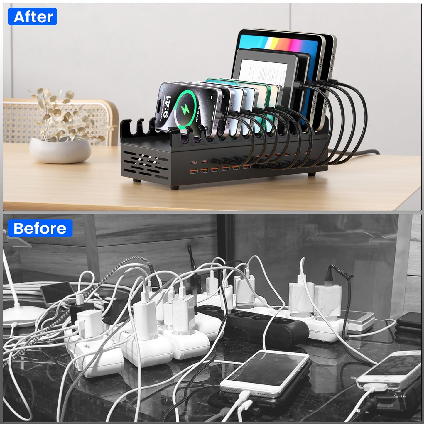 300W USB Charging Station for Multiple Devices, 24 Port USB C Fast Charging Station, Multi Device Charger Station Organizer Compatible with Tablet, Laptop, Cellphone, iPhone, iPad (300, Watts)