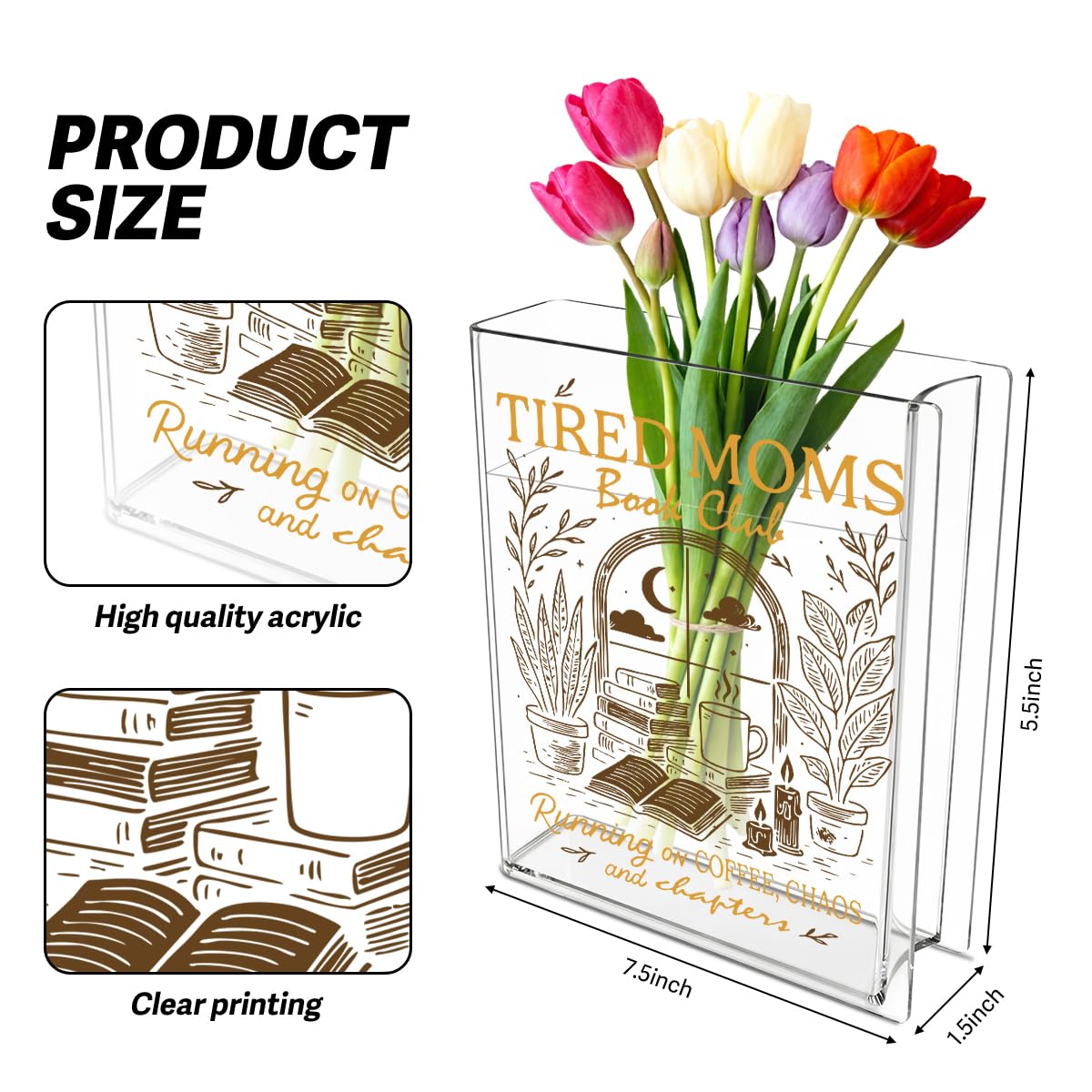 Moms Book Flower Vase Mothers Day Birthday Book Lover Gifts for Mom Mother from Daughter Son Coffee Chaos and Chapters Tired Moms Funny Acrylic Book Shaped Vase Decor for Home Office Table Vase 3804