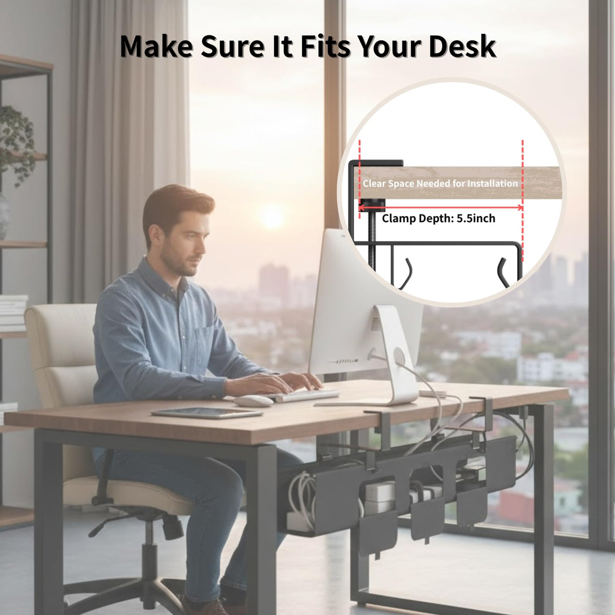 Nyoria Under Desk Cable Management Tray, 36” Fabric No Drill Clamp Mount Cord Organizer for Desk, Heavy Duty Wire Management for Office Home, Black