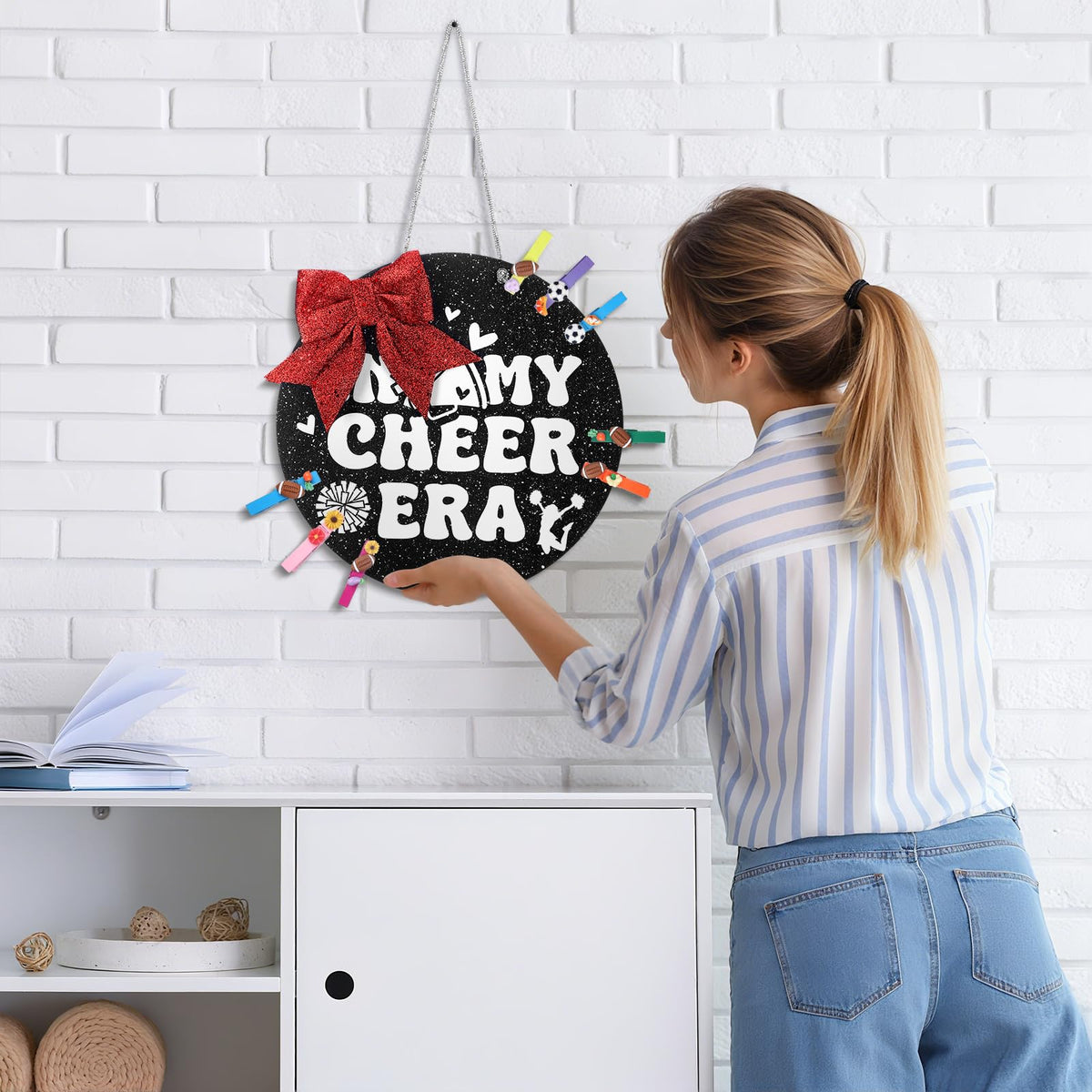 Threehoney 2 Sets Cheer Pin Me Holder Diameter 11 Inch in My Cheer Era Display Board Cheerleader Team Gifts Wooden Spirit for Girls Coach Wall Hanging Cheerleading Competition Pin Holder