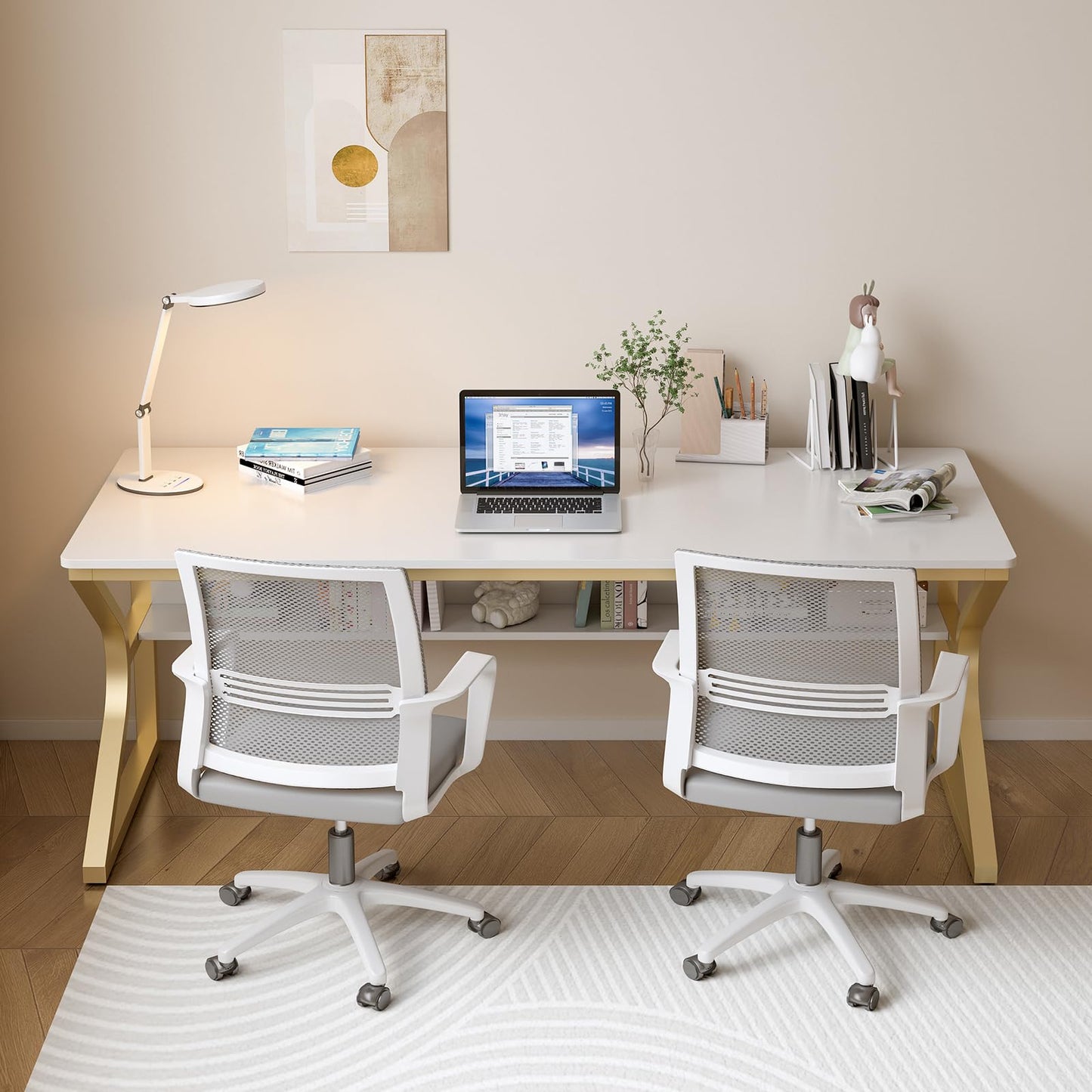 OSCHF Extra Long Desk with Bookshelf - 63" Double Long Writing Table for 2-Person Workstation, Modern Study Work Computer Desk for Home and Office, Gold