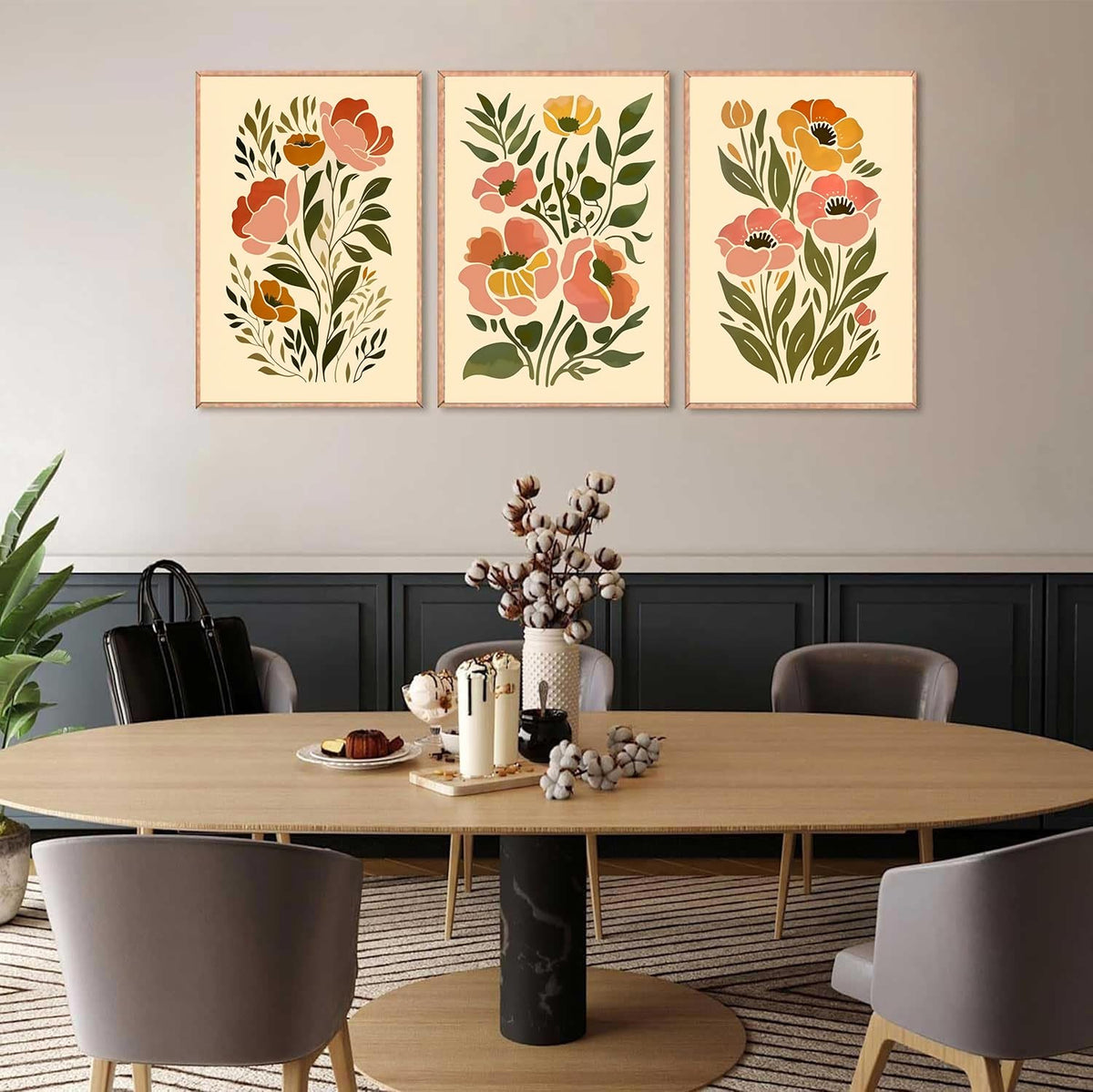 SFXYRTAH 3Pcs Boho Floral Wall Art Abstract Botanical Flower Posters Neutral Beige Green Minimalist Plant Prints for Living Room Bedroom Office Home Decor Unframed (12x16in posters)