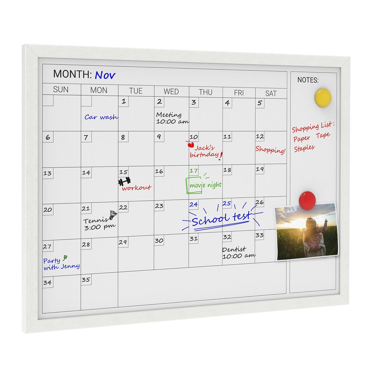 Comix Dry Erase Calendar for Wall, Magnetic Calendar Whiteboard with White Wood Frame, 24 * 18 inches Decorative Planner Board for Office, Kitchen, School, Home