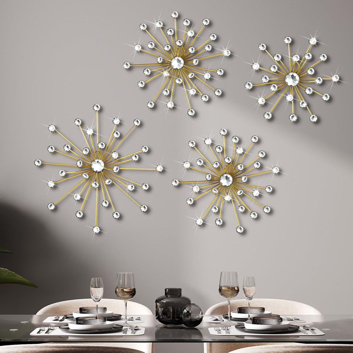 Funnymoom 4 Pcs Gold Starburst Wall Decor Metal Bling Wall Art Gold Crystal Sparkling Rhinestones Bling Decorative Hanging Diamond for Living Room Bedroom Home Office