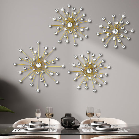 Funnymoom 4 Pcs Gold Starburst Wall Decor Metal Bling Wall Art Gold Crystal Sparkling Rhinestones Bling Decorative Hanging Diamond for Living Room Bedroom Home Office