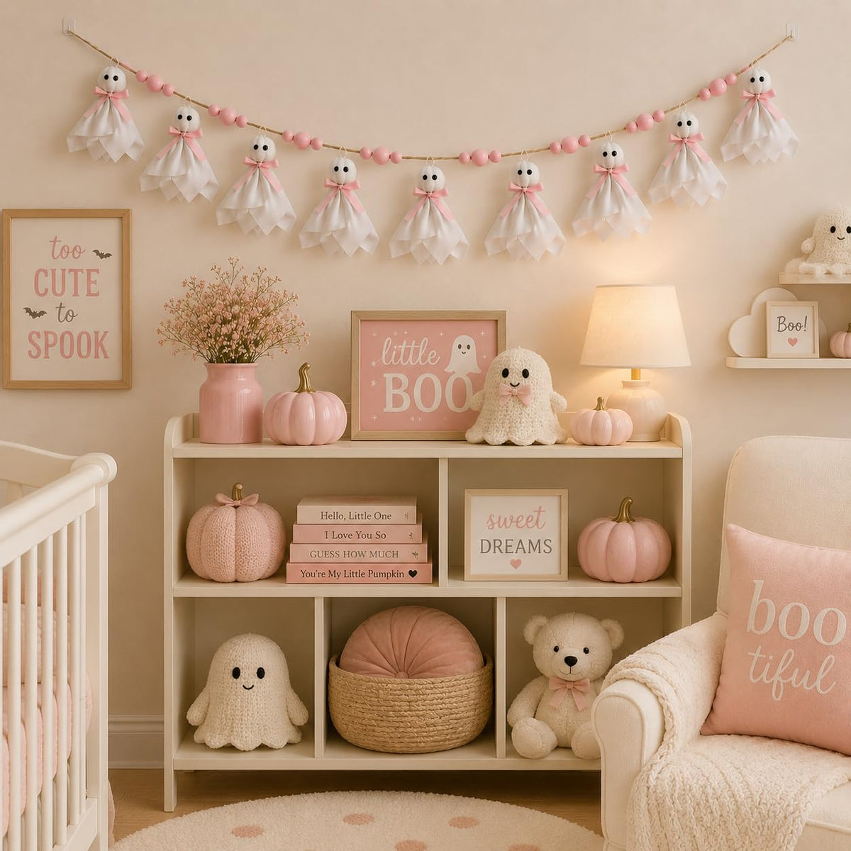 Craflox Pink Halloween Garland Ghost Decor, Pastel Girly Halloween Party Garland for Mantle, 6.6Ft Cute Spooky Pink Wooden Beads Decorations for Home Indoor, Handmade Banner