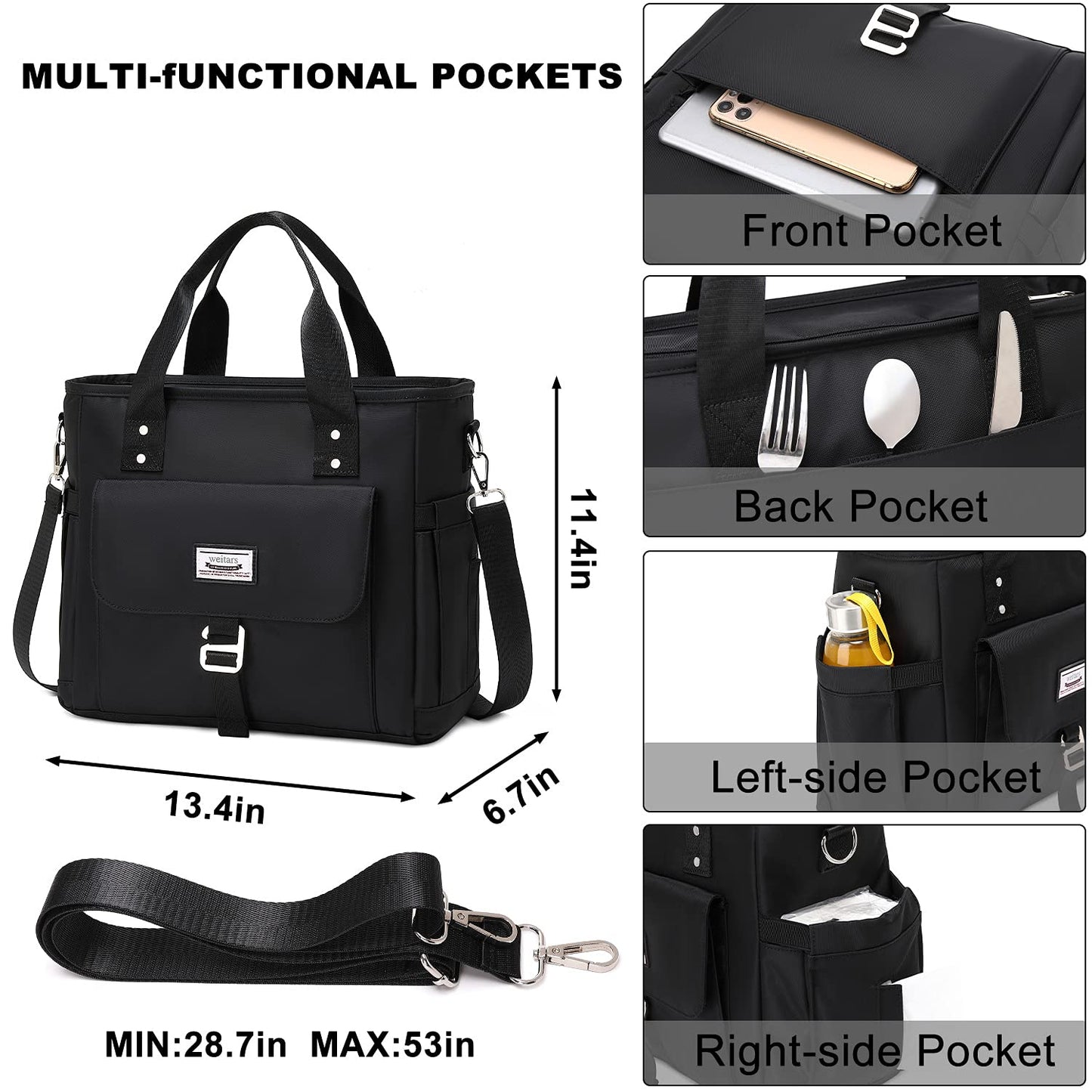 Weitars Insulated Lunch Bag for Men Women,Leak Proof Lunch Box for Work,Extra Large Lunch Tote Bag With Removable Shoulder Strap with Side Pockets,Reusable Lunch Cooler Purse For Picnic Hiking