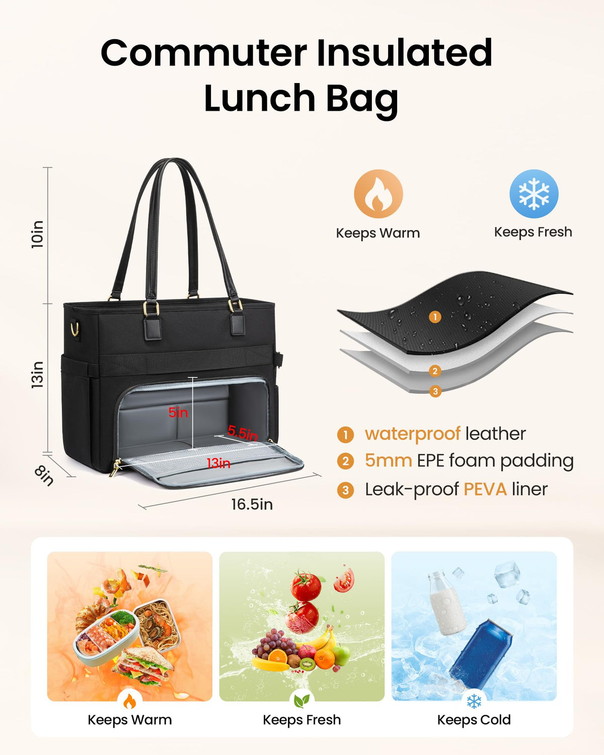 LOVEVOOK Lunch Tote Bag for Women 15.6 Inch, 3-in-1 Teacher Bag with Insulated Lunch Compartment, Padded Laptop Sleeve & File Organizer, Nurse Work Tote Bag with Cup Holder, Black