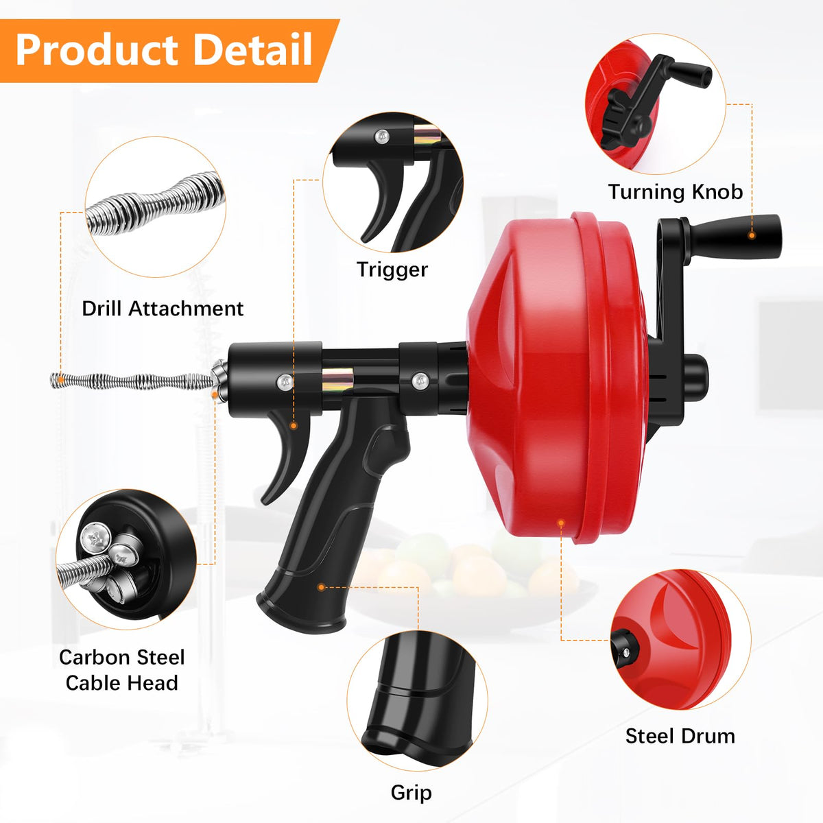 35 FT Double Mode Drain Snake Tools, 14-in-1 Drain Auger for Sink and Drain Unblocking, Plumbing Snake for Kitchen, Bathrom and Shower Sink, Snake for Real DYIs【Upgraded】