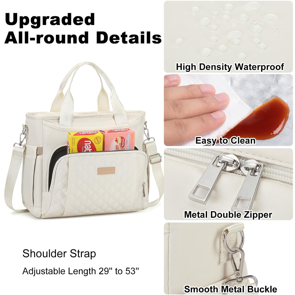 AIJIEKE Extra Large Lunch Bag for Women & Men, Insulated Leakproof Lunch Box for Work, Reusable Adult Lunch Tote with Shoulder Strap, Multi-Pocket Cooler Bag for Office, Picnic, Beach, Beige
