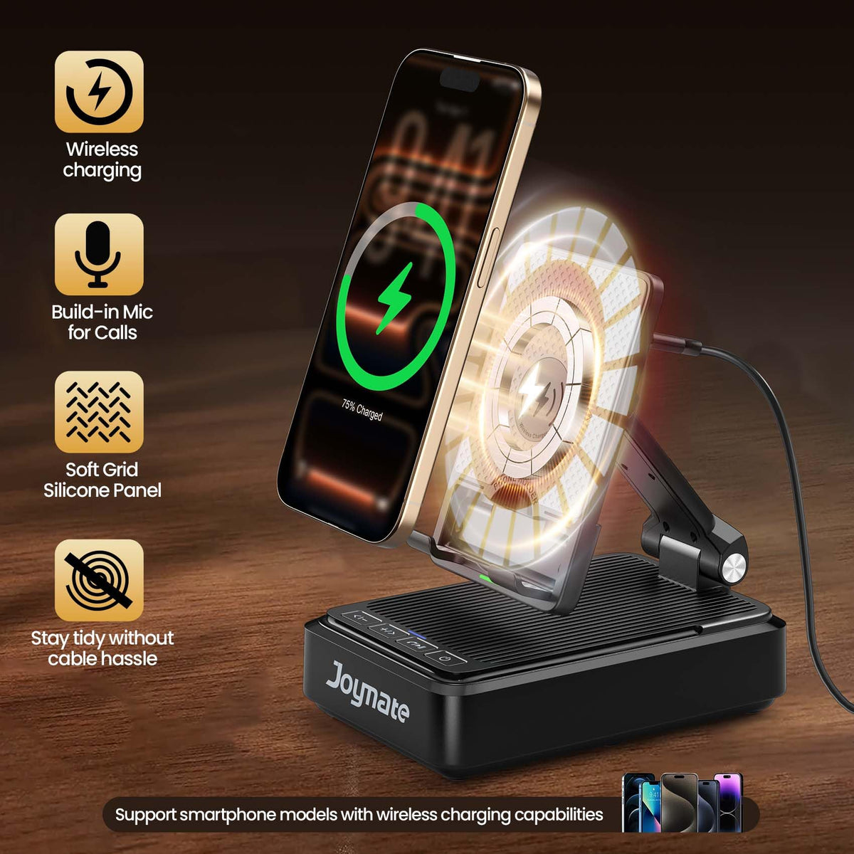 Joymate Gifts for Men and Women, Wireless Phone Charger Stand with Bluetooth Speaker and Adjustable Angle Phone Holder for Desk Tech Gift for Birthday/Valentines Day/Christmas(Black)