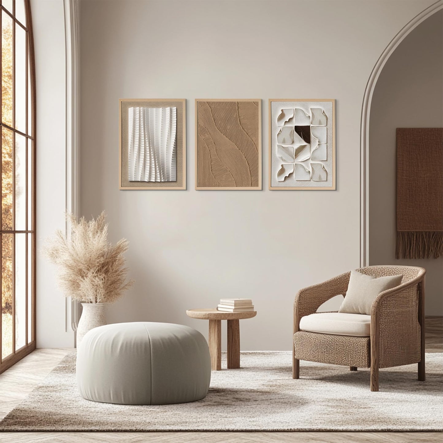 CEXYLVXR 3Pcs Neutral Abstract Wall Art Modern Beige Minimalist Wall Decor Pictures 3D Effect Textured Canvas Prints Abstract Geometry Painting for Living Room Hallway Office 12x16in Unframed Poster