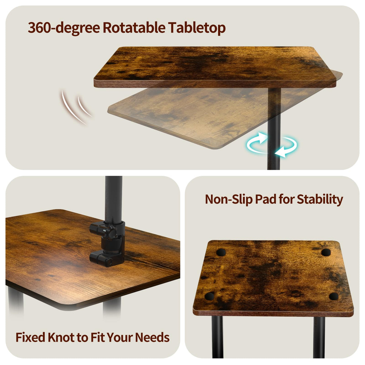 LAIDUOLEOE Swivel Side Table for Couch, 3 Tier Small End Table Adjustable Height with Rotatable Tray, Space Saving Nightstand with Storage Shelf for Living Room, Bedroom, Small Spaces