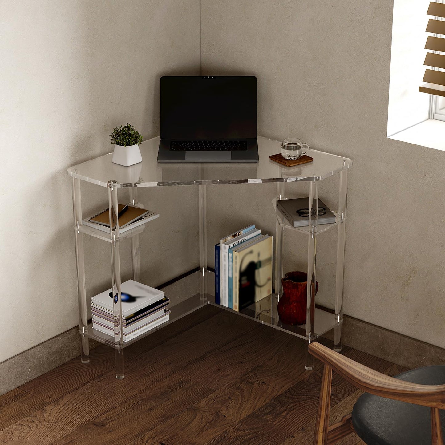 Eglaf Acrylic Triangle Corner Desk - 90-Degrees, 28.5 x 28.5 inches, Home Office Desk with Storage for Small Space, Easy Assembly