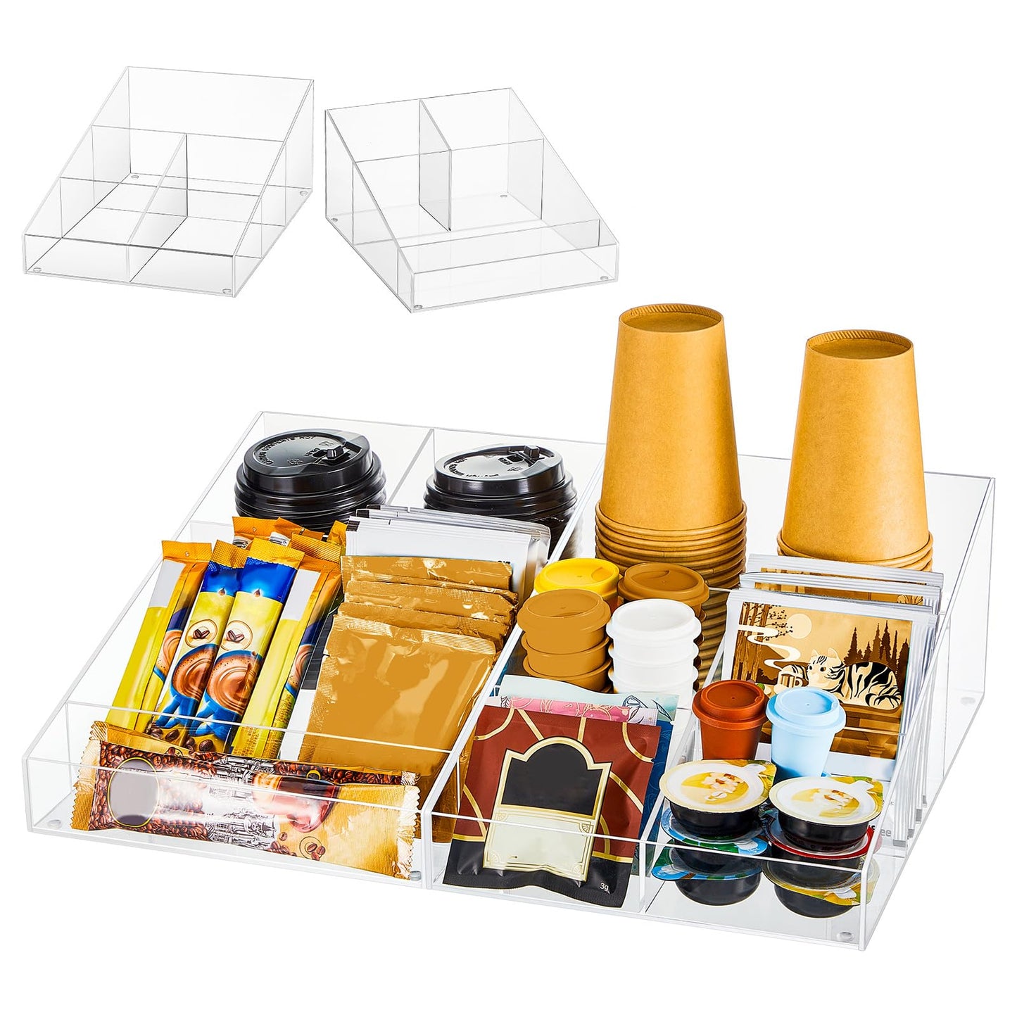 Lineshading 2 Pcs Acrylic Coffee Station Organizer for Countertop and Tea Condiment Storage with 9 Compartments Totally Bar Accessories for Home Office Breakroom, 2 in 1 Design