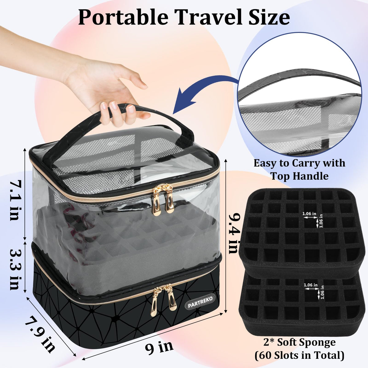 Partreko Clear Nail Polish Organizer Holds 60 Bottles (15ml/0.5fl.oz)& Nail Lamp, Double Layer Nail Supplies Organizer Case Transparent, PU Leather Nail kit Storage Bag for Manicure Tools (Black)