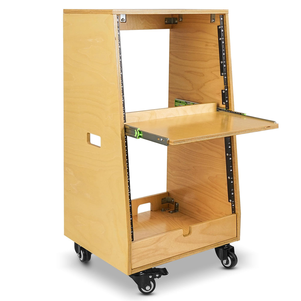 Sound Town DIY Slanted 16U Studio Rack (8U Top + 8U Lower), with 2U Bottom Storage, Slide-Out Tray, Caster, Plywood, Golden Oak for Recording Room, Home Studio (SDRK-ST16T)