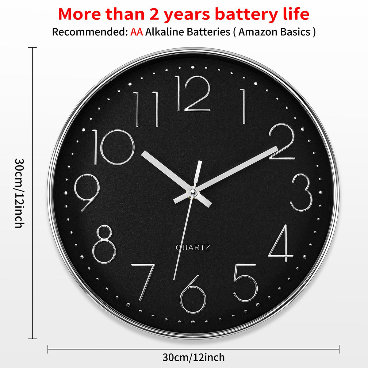 Foxtop Silver Wall Clock Silent Non-Ticking Battery Operated Round Modern Wall Clock for Office School Home Living Room Bedroom Bathroom Kitchen Decor (12 Inch, Black Dial)