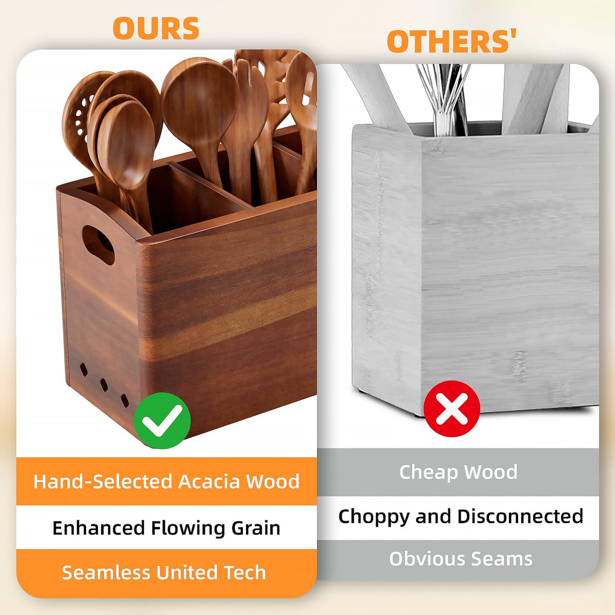 PrimZooty Natural Acacia Wood Utensil Holder for Kitchen Counter (Large), 3 Compartment with Removable Dividers 11.7"x7.1"x4.5", Large Cooking Utensil Organizer - Anti-Scratch Bottom