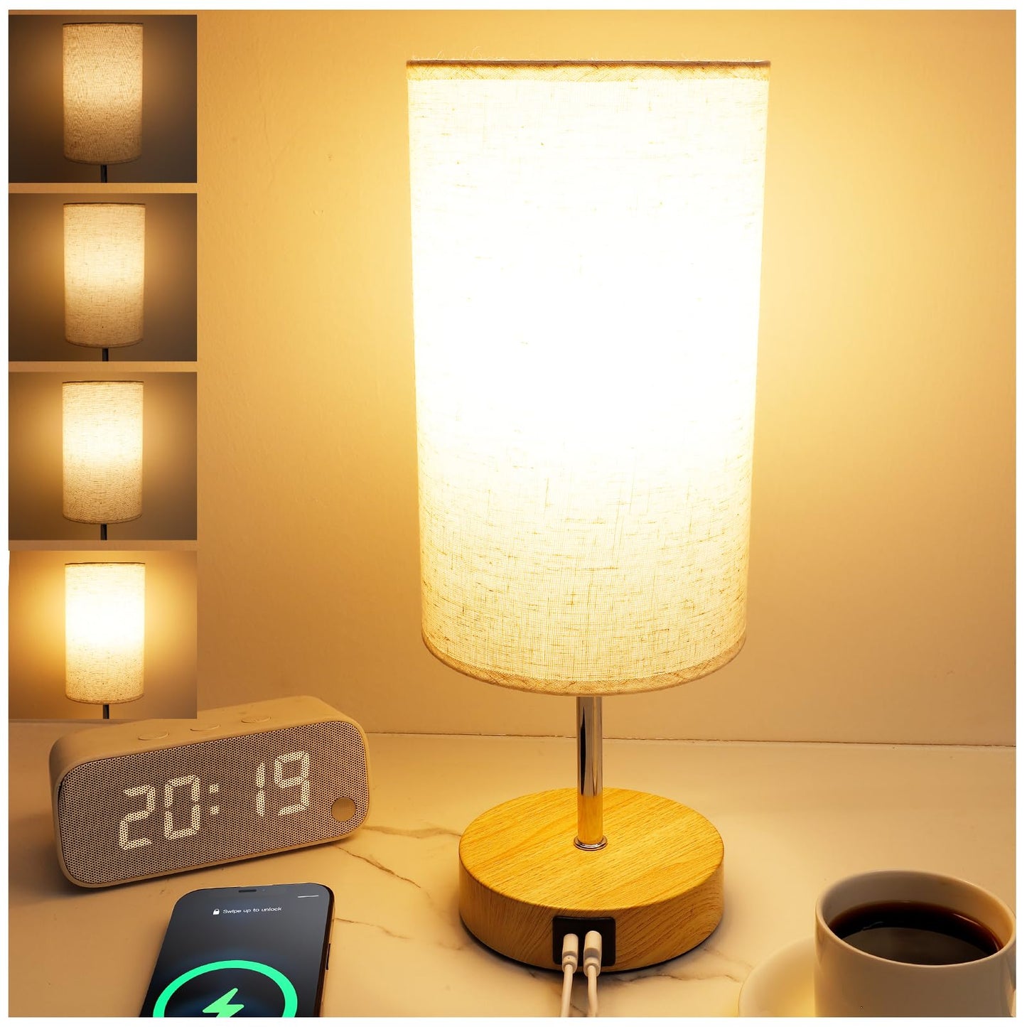 UNIFUN Touch Control Bedside Table Lamp with USB-C Charging Ports, 4-Way Dimmable Nightstand Lamp with Wood Base & Fabric Shade for Bedroom Living Room