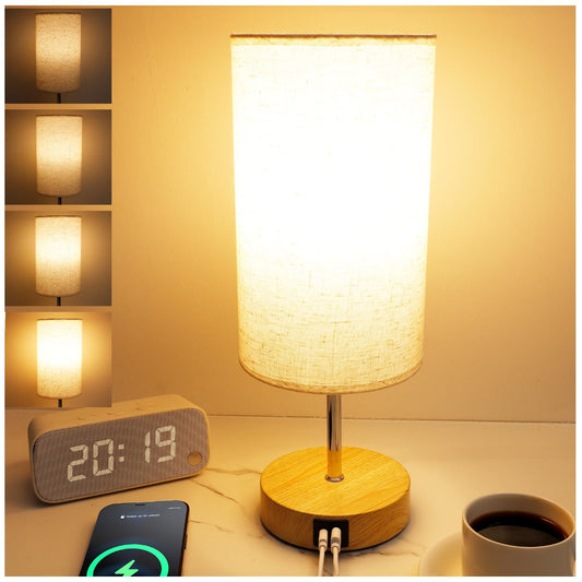 UNIFUN Touch Control Bedside Table Lamp with USB-C Charging Ports, 4-Way Dimmable Nightstand Lamp with Wood Base & Fabric Shade for Bedroom Living Room