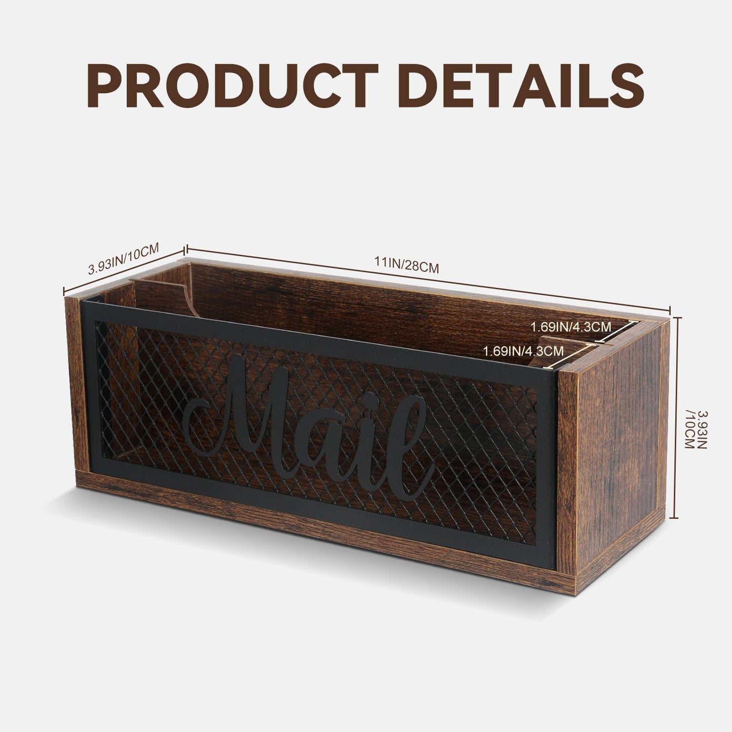 Mail Organizer Countertop, Rustic Farmhouse 2-Slot Wood & Iron Mail Holder, Retro Wall Mounted or Desk Entryway Letter Bill Envelope Sorter, No Assembly