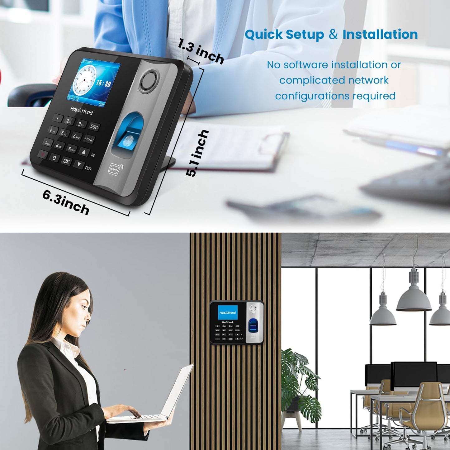 HapAttend Time Clock - Fingerprint Time Clocks for Employees Small Business Automatic Calculate Hours, No WiFi H1 Standalone Biometric Clock in Machine for Employees with 5 RFID Cards (0 Monthly Fees)