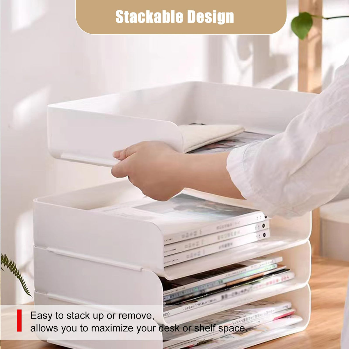 4 Tier Desk Organizer, Stackable Paper Tray Organizer for Document, Letter, A4 File Paper, Desk Accessories, Notes, Pens (White, 4 Pack)