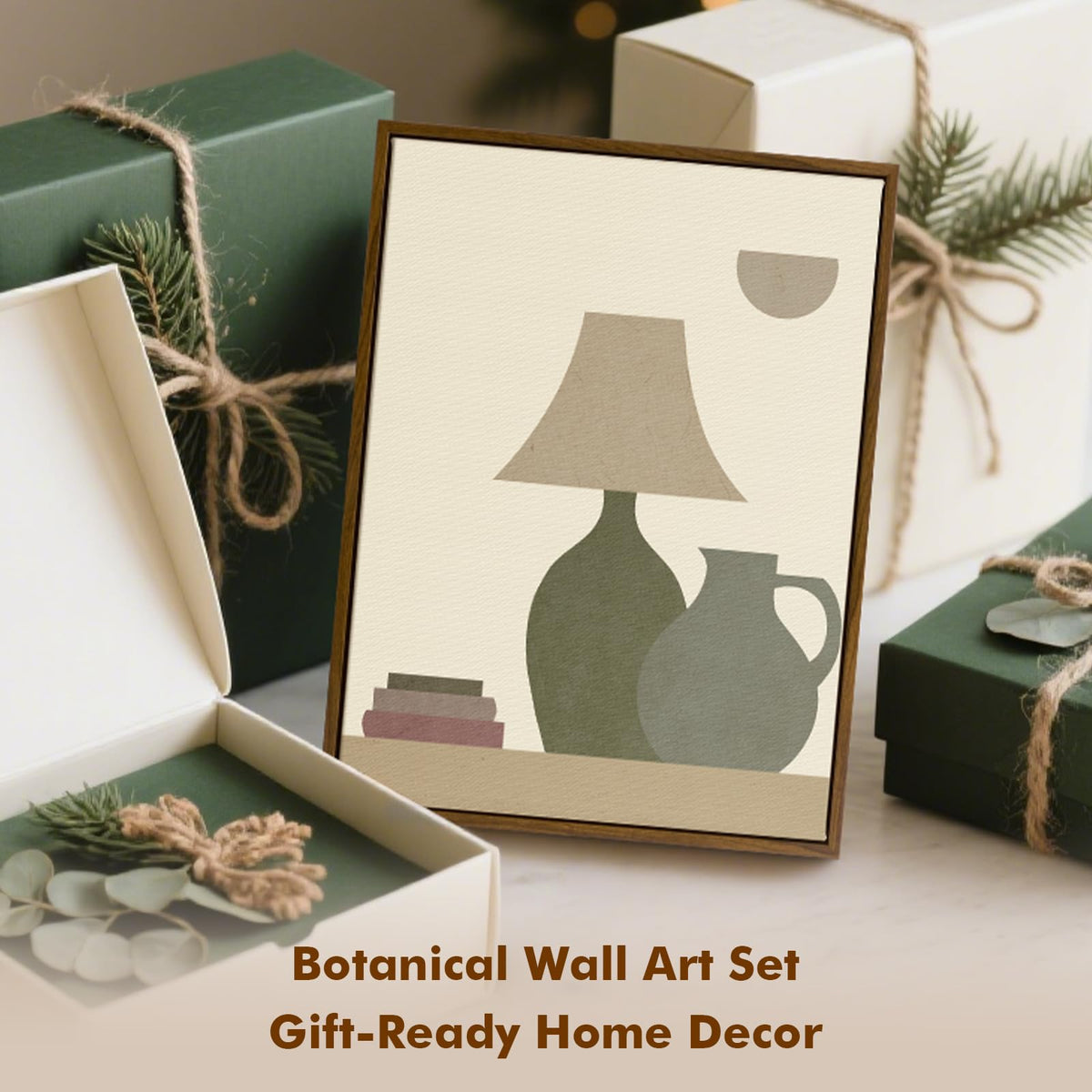 Framed Minimalist Botanical Wall Art, Set of 2 Neutral Boho Canvas Prints with Leaf and Geometric Motifs, Soft Earth Tone Artwork for Modern Farmhouse, Office, Dining Room Decor, 12x16 Inch